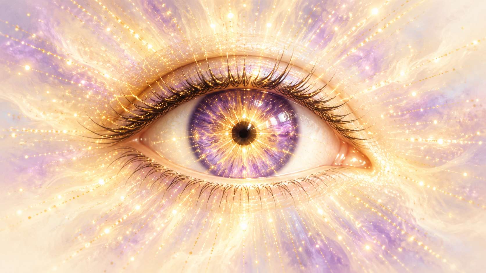 Ojo violeta con centro dorado brillante y rayos de luz